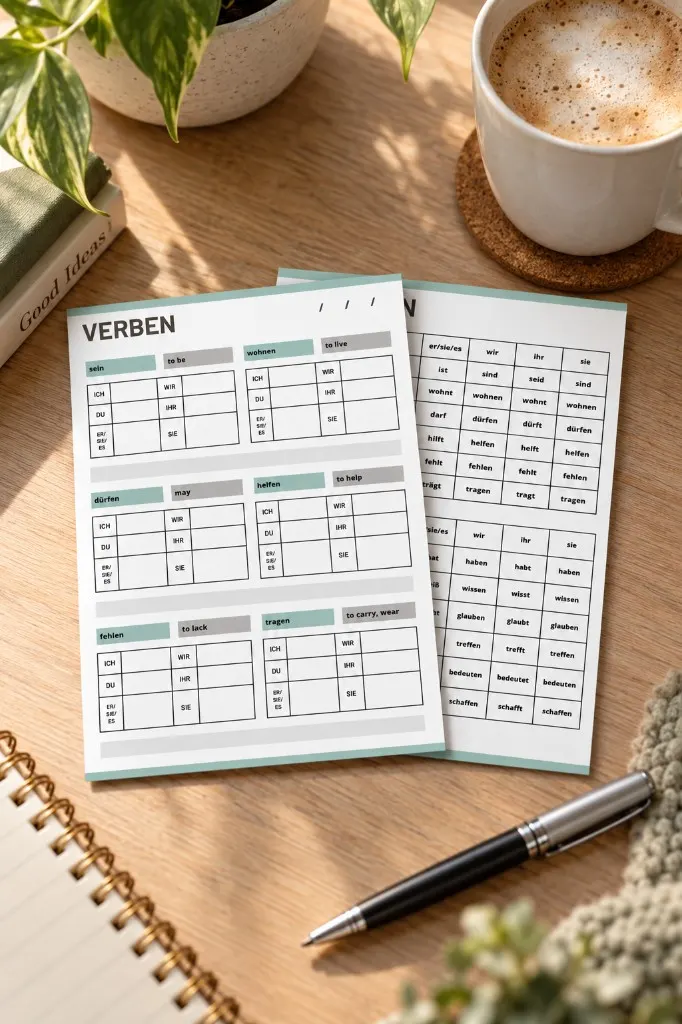 Lifestyle pin of German verb worksheets on a sunlit desk