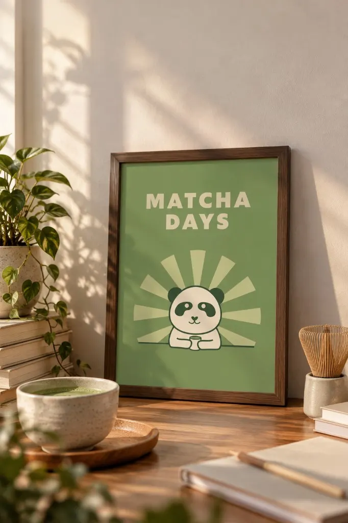 Lifestyle pin of the Matcha Days print with tea and matcha props